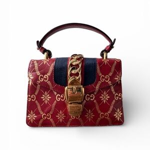 Gucci Sylvie Textured Gold Foil Pattern Mini Top Handle Bag – Hibiscus Red
